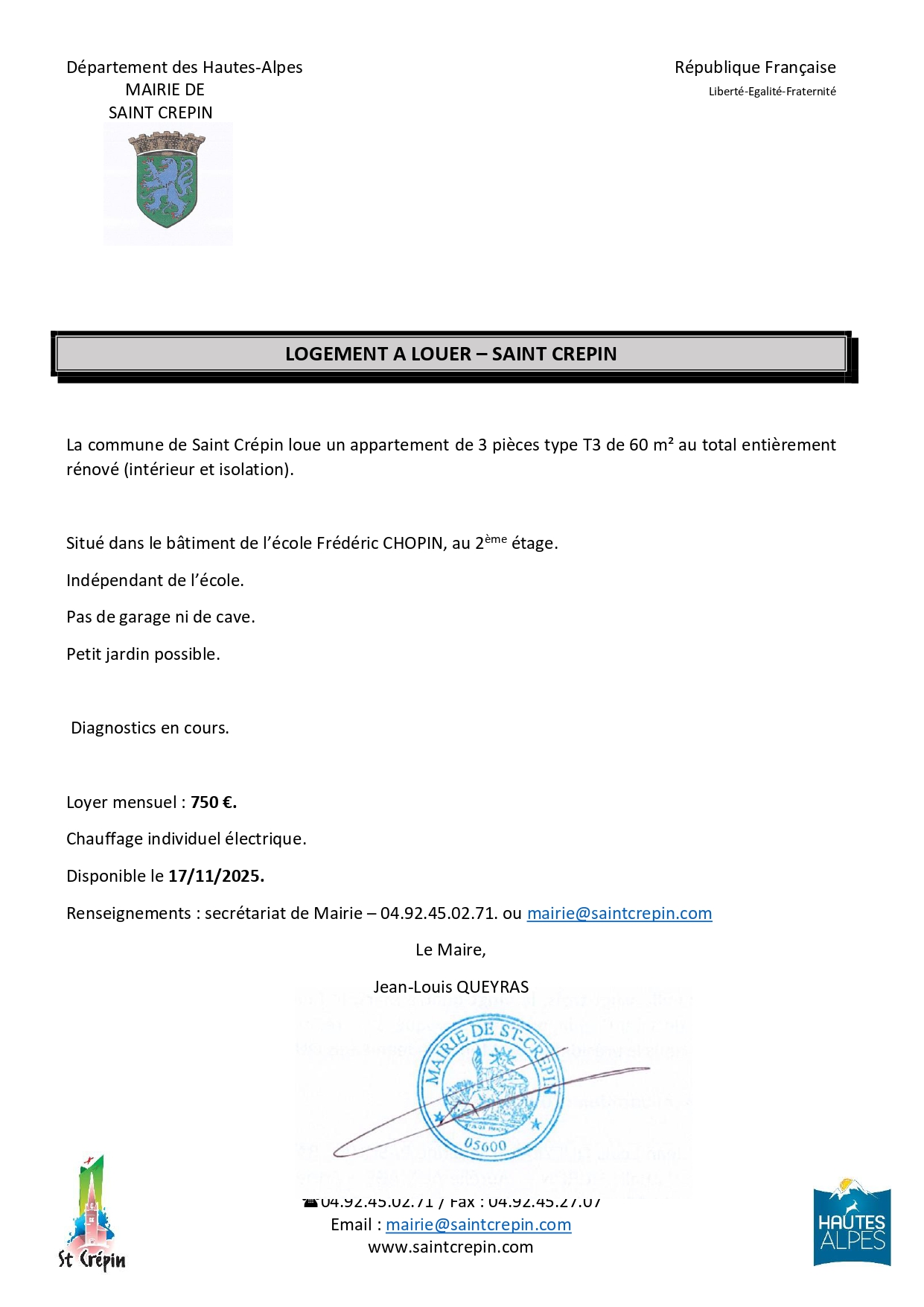 appartement à louer Saint-Crépin appartement à louer Saint-Crépin