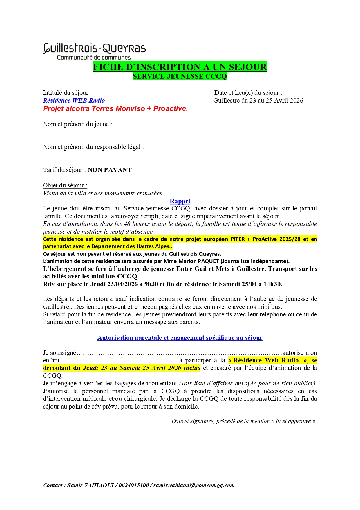 Programme activités fiche inscription